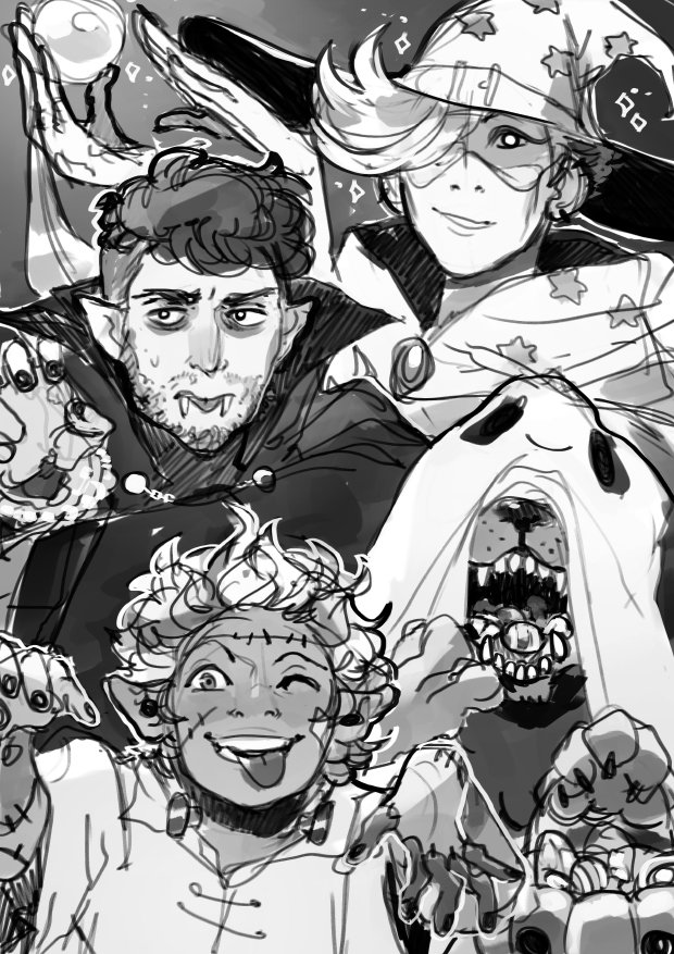 DnD party doodle, all dressed up and ready for trick or treating 