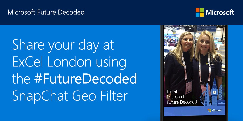 MSFTBusinessUK's tweet photo. If you're @ #FutureDecoded - don't forget to use our #Snapchat Geo Filter! https://t.co/5qJL70FD4F