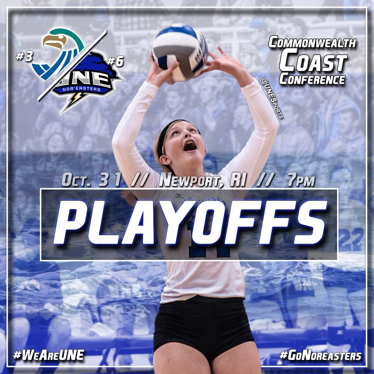 UNESports's tweet photo. PLAYOFFS

@unewvb takes on @salveathletics in the 1st round
📍Newport, RI
⏰ 7pm
📈https://t.co/LLIxRAqUst
#WeAreUNE #GoNoreasters #d3vb #cccvb https://t.co/WmxN9aBeK2