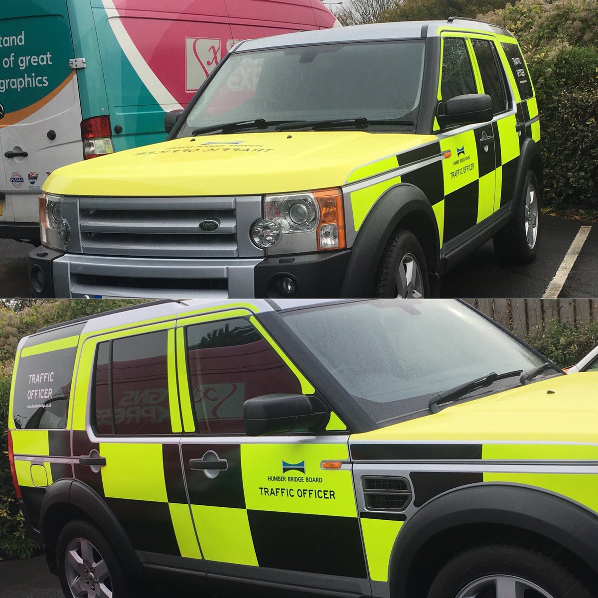 SX_Hull's tweet photo. Land Rover conspicuity vehicle complete for the Humber Bridge #signsexpresshull https://t.co/iz8DYLOwAf