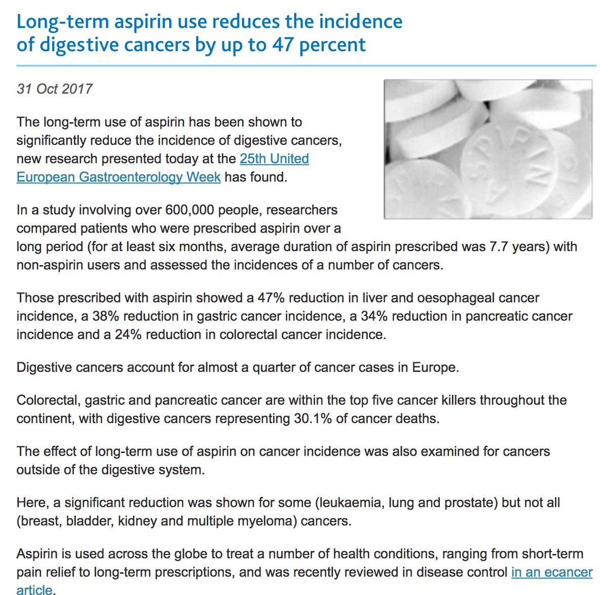 ecancer's tweet photo. Long-term aspiring use dramatically reduces gastric, colorectal, liver, pancreatic, throat cancers #weekchat @my_ueg
https://t.co/lm0SL9EZM2 https://t.co/ek1Z5e3ajt