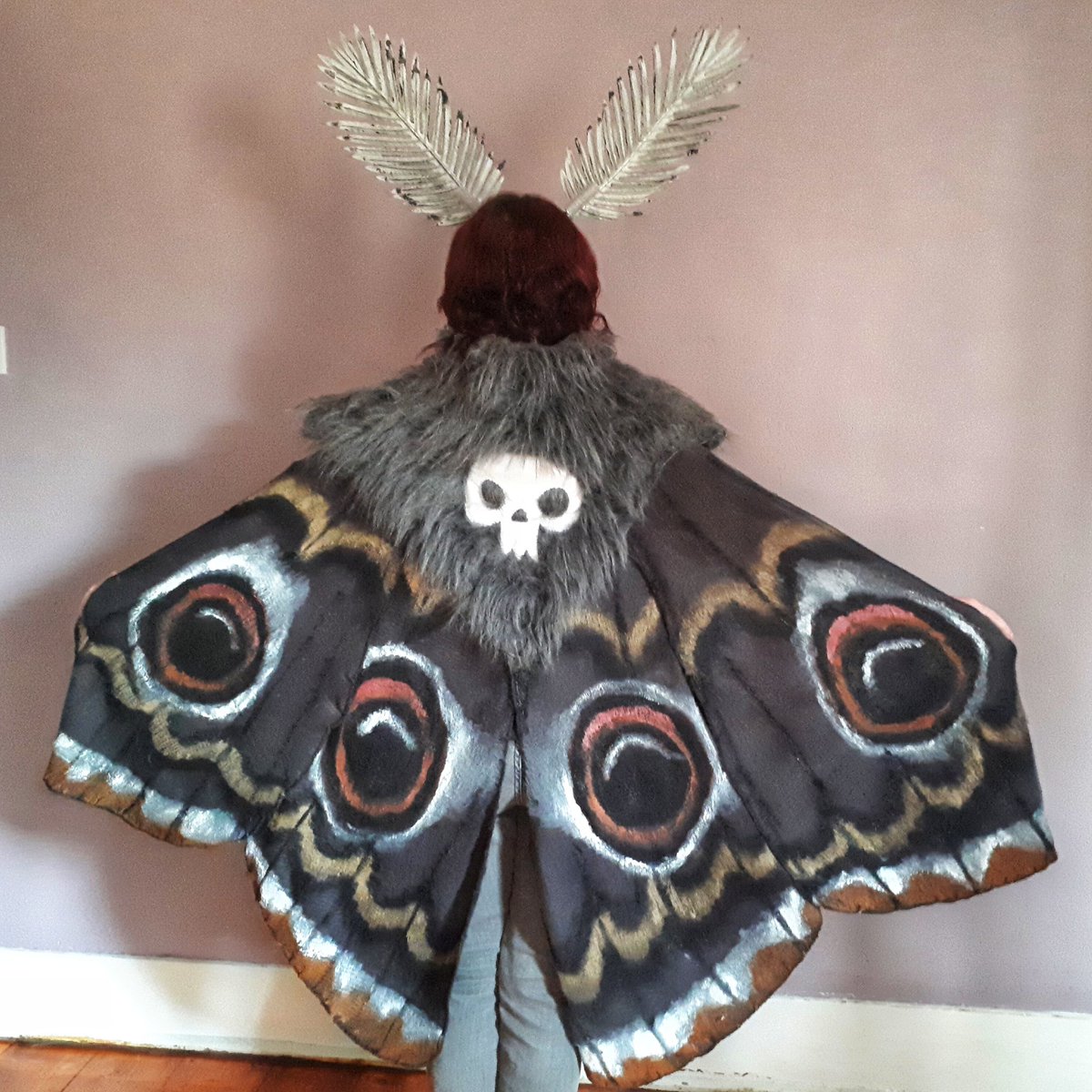 CaronBlay's tweet photo. For Halloween this year I am: THE LEPIDOP-TERROR. (A vague hybrid between a death's-head hawk moth and an emperor moth) #TeamMoth https://t.co/3LhjIuLOzv