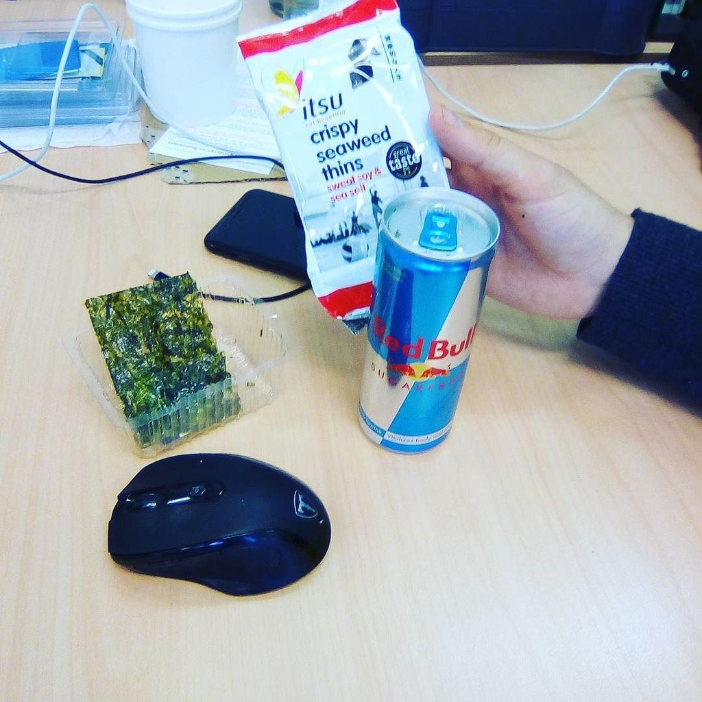 stu73's tweet photo. Unusual breakfast for our @BRE_Group #BREDigital #ProductManager @alextrafford today - #RedBull and #Seaweed... #developerbreakfast https://t.co/c0ws9vFALS