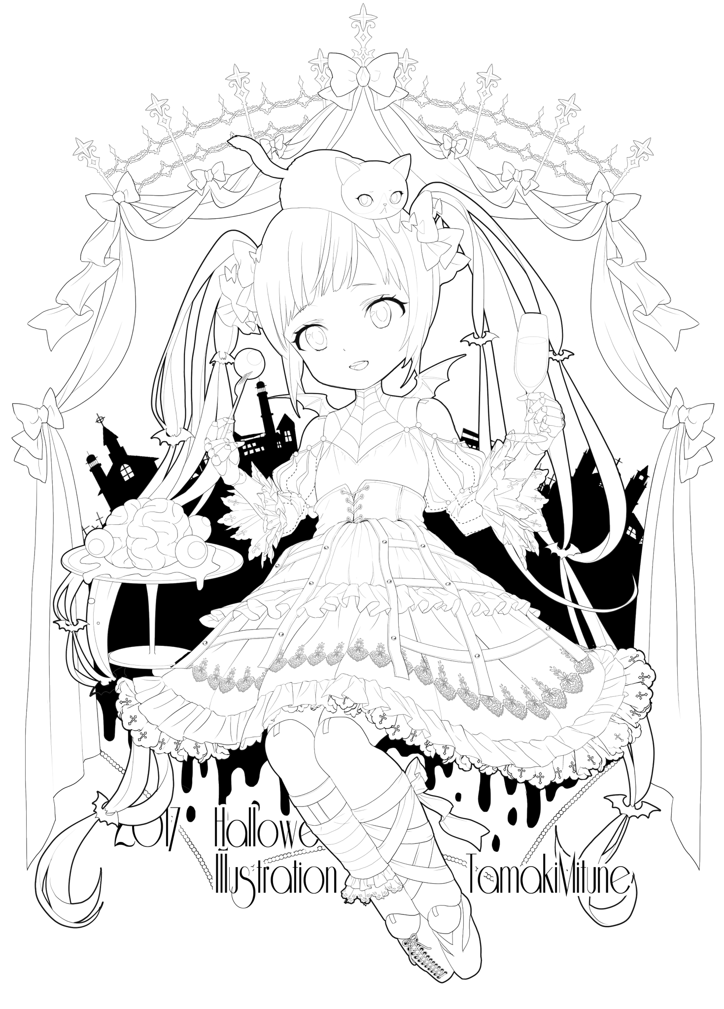 珠樹みつね 7 13 華輝石展 札幌 ハロウィン絵終わらなかったから塗り絵にした 線画を晒すと誰かが色を塗ってくれるかもしれない