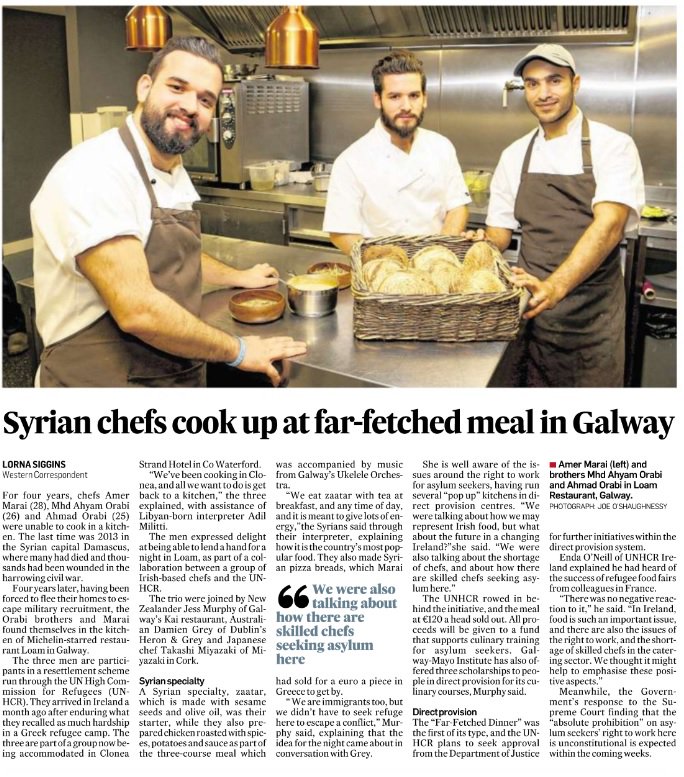 UNHCRIreland's tweet photo. Syrian chefs cook up far-fetched meal in Galway via today's @IrishTimes 
@lornasiggins 
#WithRefugees https://t.co/VkIbw6lUku