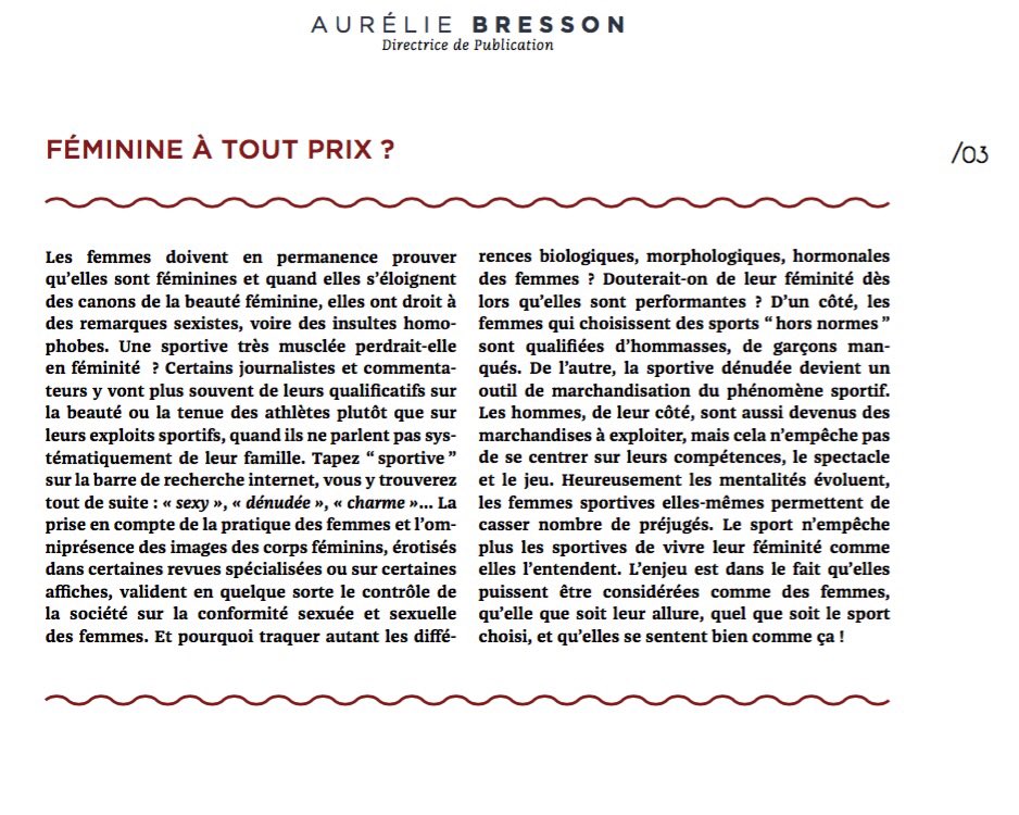 aureliebresson's tweet photo. Les sportives doivent elles être forcément féminines ? #sexisme Mon édito du dernier numéro @lessportivesmag https://t.co/0RLrWT0SBz https://t.co/ah44c99RWg