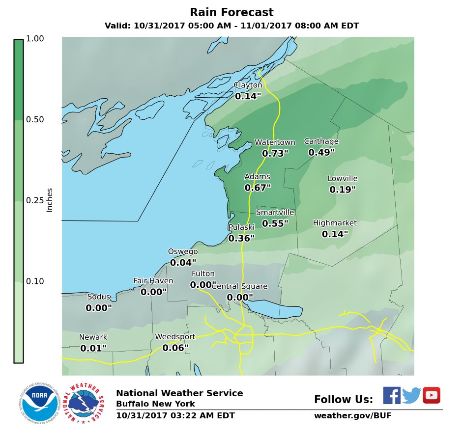 NWSBUFFALO's tweet photo. More #LakeEffectRain through tonight. Localized 1 inch of rain possible near #Watertown, #FlashFloodWatch continues. #BUFwx #NYwx https://t.co/jHkyg2sIPu