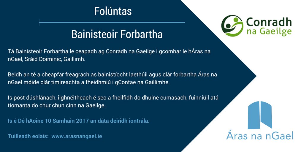 **Folúntas** 
Bainisteoir Forbartha le ceapadh ag Conradh na Gaeilge i gcomhar le Áras na nGael. #SíognabPost arasnangael.ie/single-post/20…
