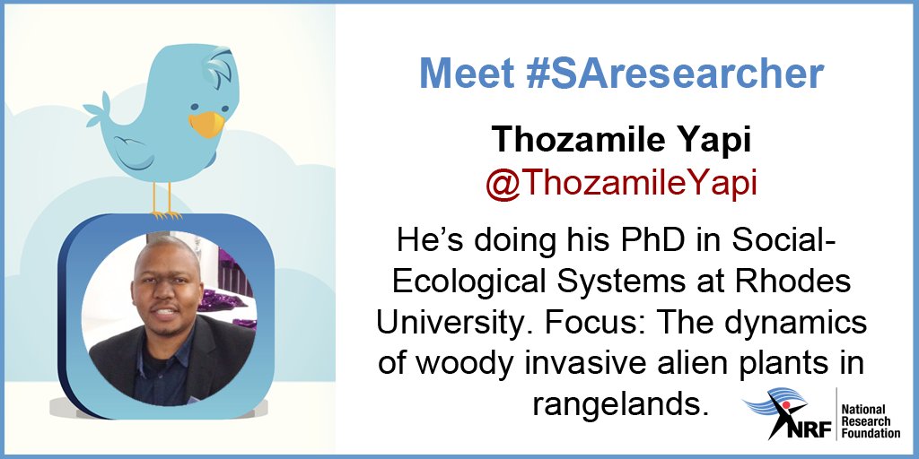 NRF_News's tweet photo. Meet #SAresearcher, @ThozamileYapi. He's a PhD candidate @Rhodes_Uni studying the dynamics of woody invasive alien plants in rangelands. https://t.co/Fi8rRnY5xY