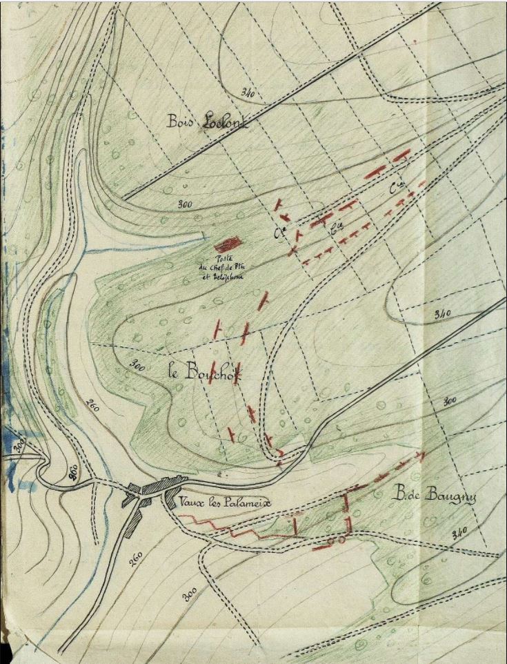 fthms78's tweet photo. @GastonMAS1418 Le journal du #164RI fait état de blessés et de tué. C'est calme dit Gaston ! V pour #Vaux les Palameix. Le plan des lieux par un poilu. https://t.co/L67mWNdbdq