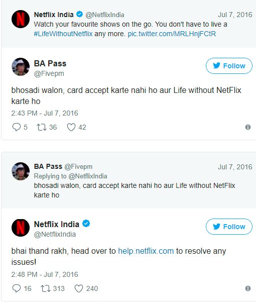udaydarshi_'s tweet photo. Came across this while studying social media strategy of brands. @netflixindia Ye bahut hi badiya reply tha. Kudos #LifeWithoutNetflix https://t.co/qyMs7gcVZi