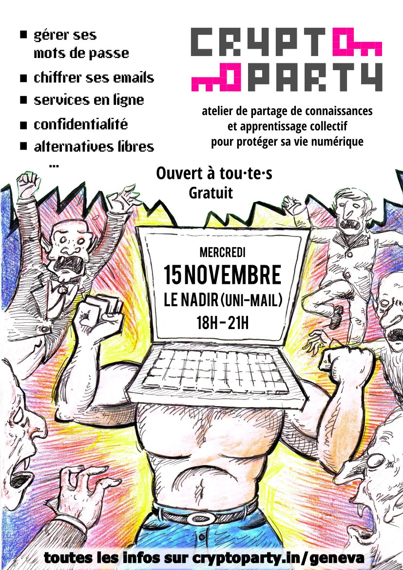 MaloryJess's tweet photo. #cryptoparty à #Genève le 15.11 ! Viens, on va apprendre des trucs pour  sécuriser notre vie numérique :) Toutes les infos sont là  https://t.co/v8X9pKbuFs https://t.co/360sdwic8N