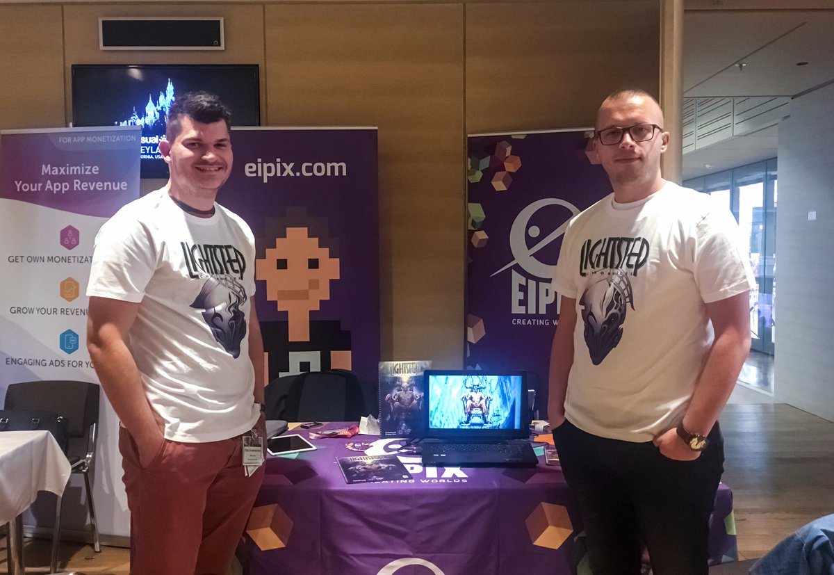 colony_66's tweet photo. Check out the Eipix gang rocking the Lightstep Chronicles colors at this year's @CasualConnect in Kyiv! Way to represent, boys! #gamedev https://t.co/KSZf24dkTW