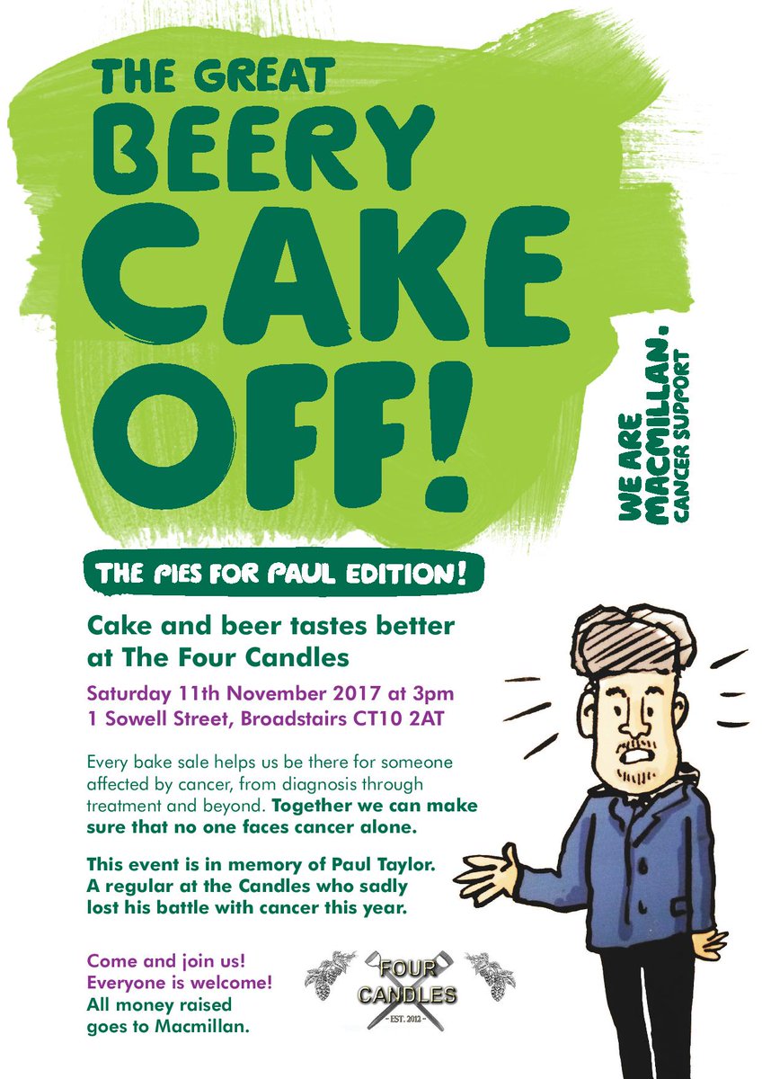 4candlespub's tweet photo. Dairy date: - Nov 11 - A special Beery Cake Off ("Pies For Paul") in memory of our pal Paul Taylor. Eat, drink and be merry... https://t.co/F8DtBxP9es