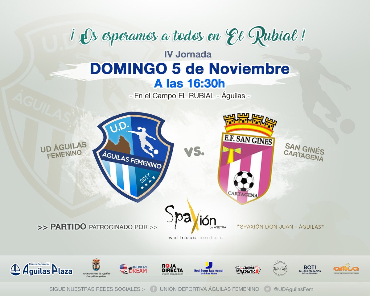 UDAguilasFem's tweet photo. ⚽ DOMINGO 5 Noviembre
@UDAguilasFem  vs. @EFBSanGines_82
⏰ 16:30h »Campo "El Rubial"

✅Entrada gratuita
➕Donativo 2€ con Sorteo
🌟Carnet 10€ https://t.co/HXQePSKjFC
