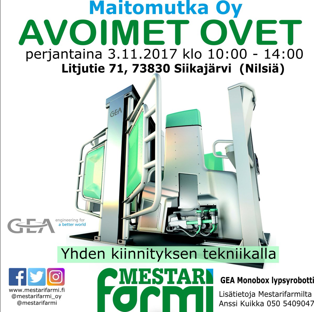 Mestarifarmi's tweet photo. Tervetuloa katsomaan GEA Monobox lypsyrobotteja ja paljon muuta Nilsiään. #yhdenkiinnityksentekniikalla #mestarifarmi #lypsyrobotti #lypsy https://t.co/sy1cJ3x0aB