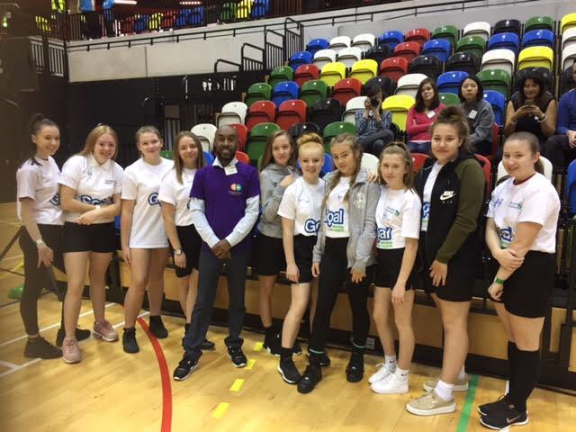 OurELBA's tweet photo. The girls from @JRCS_School and ELBA's own Cordel Fraser at today @StanChart GOALS programme #lensational #goal #copperbox #OurElba #ELBA https://t.co/bhUoAlNpaJ