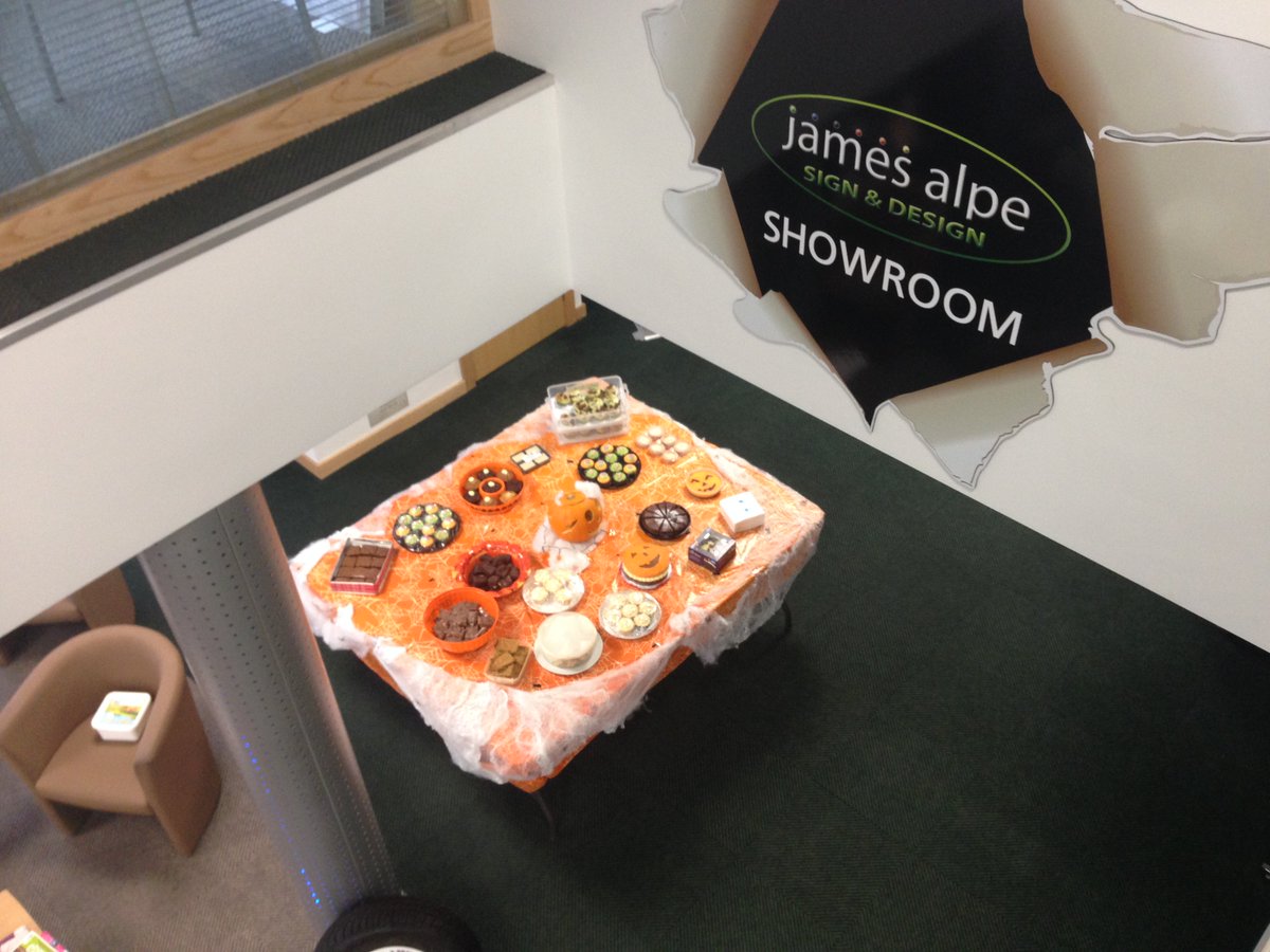 JamesAlpeLtd's tweet photo. Reception full of cakes and goodies for our halloween fund raising for Oliver Welch's neuroblastoma appeal. Please come and fill your boots! https://t.co/Rhd3vAlnF5
