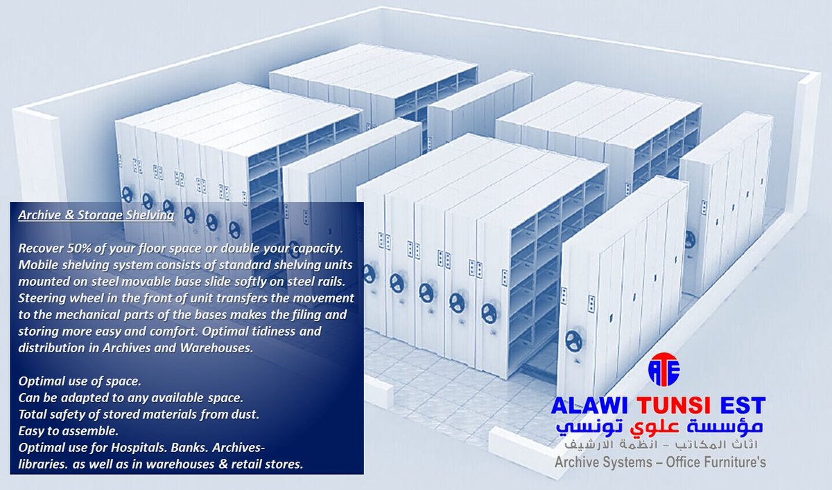 AlawiTunsiCo's tweet image. #ارفف #Storage_solution #الارشيف #shelving #رفوف #racks #بنك #Banking #Bank #warehouse #Retail_store #hospitals #libraries #furniture #اثات