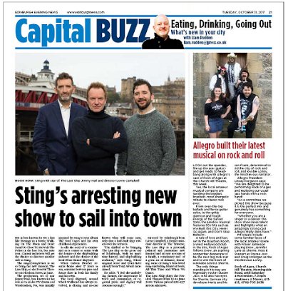 Líam Rudden 🧢 (@liamrudden) on Twitter photo Today's #CapitalBuzz in <a href="/edinburghpaper/">Edinburgh Evening News</a> - <a href="/OfficialSting/">Sting</a>'s musical #TheLastShip <a href="/edtheatres/">Festival and King's Theatres</a> & <a href="/allegro_edin/">Allegro Musical</a> in #RockOfAges <a href="/ChurchHillThtr/">Church Hill Theatre Edinburgh</a> Today's #CapitalBuzz in <a href="/edinburghpaper/">Edinburgh Evening News</a> - <a href="/OfficialSting/">Sting</a>'s musical #TheLastShip <a href="/edtheatres/">Festival and King's Theatres</a> & <a href="/allegro_edin/">Allegro Musical</a> in #RockOfAges <a href="/ChurchHillThtr/">Church Hill Theatre Edinburgh</a>