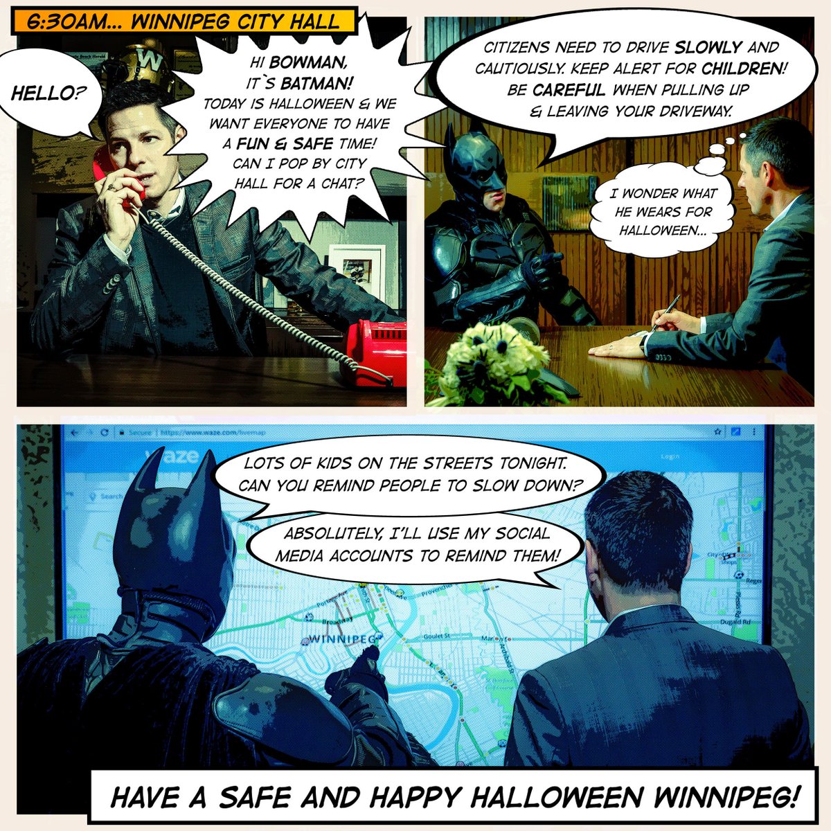 BrianTDBowman's tweet photo. A hero can be anyone. Tonight, let's listen to Batman. Have a safe and Happy #Halloween #Winnipeg! @wpgpolice @wpg_batman @CostumeAlliance https://t.co/UorJQ0Izlx