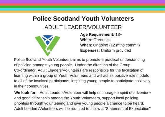Police Scotland are looking for Adult Volunteers for their PSYV Project.  Interested!!! Please contact us 😀 @PolScotPSYV