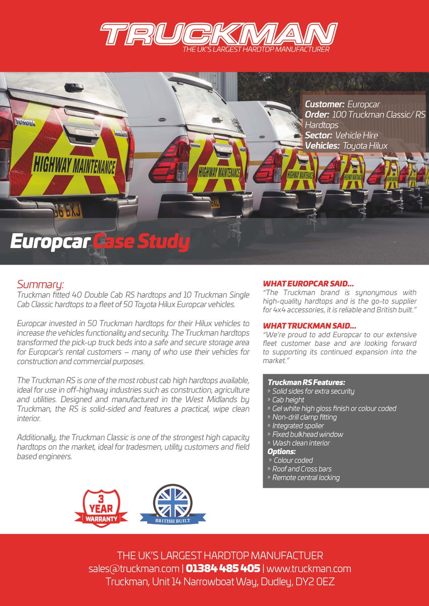 TruckmanUK's tweet photo. We value all of our customers, and we are proud to say we recently supplied Europcar with 100 Truckman Hardtops for a fleet of #Hiluxs. https://t.co/2s3SrX5gxv