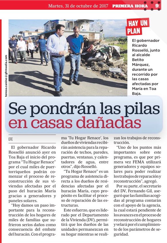 ricardorossello's tweet photo. Anunciamos #TuHogarRenace para facilitar reparaciones de hogares afectados por el huracán María. @GilEnsenat @fema https://t.co/yo9xfvxkTK