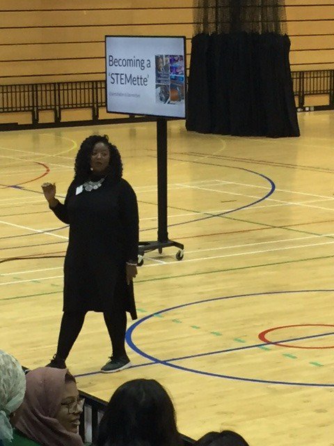 OurELBA's tweet photo. British computing, mathematics and language child prodigy Ann Marie speaking to girls from Barking & Dagenham at #Goal #lensational #ELBA https://t.co/0b1Z0oPhjB
