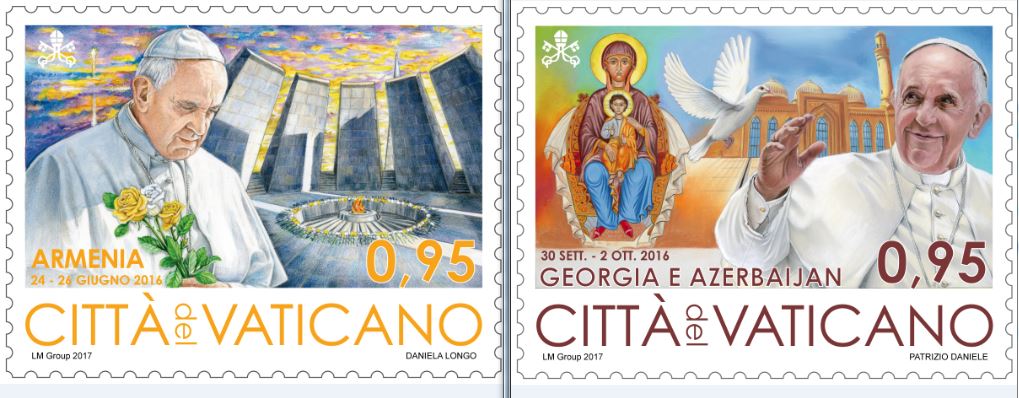 CarolGlatz's tweet photo. #Vatican releases colorful stamp series celebrating @Pontifex trips in 2016: Mexico, Poland, Greece, Armenia, Georgia, Azerbaijan, Sweden https://t.co/45fd3rJG9m
