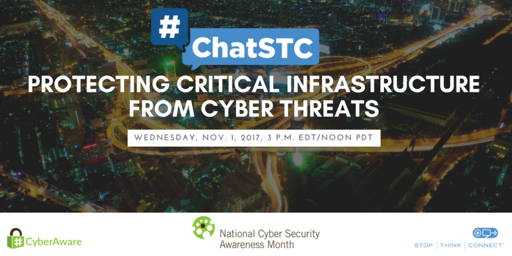 CCITServiceDesk's tweet photo. #ChatSTC Twitter Chat:
Protecting Critical Infrastructure From Cyber Threats Nov 1  begins at 3:00 EDT #cyberaware https://t.co/j4xZiDVCUC