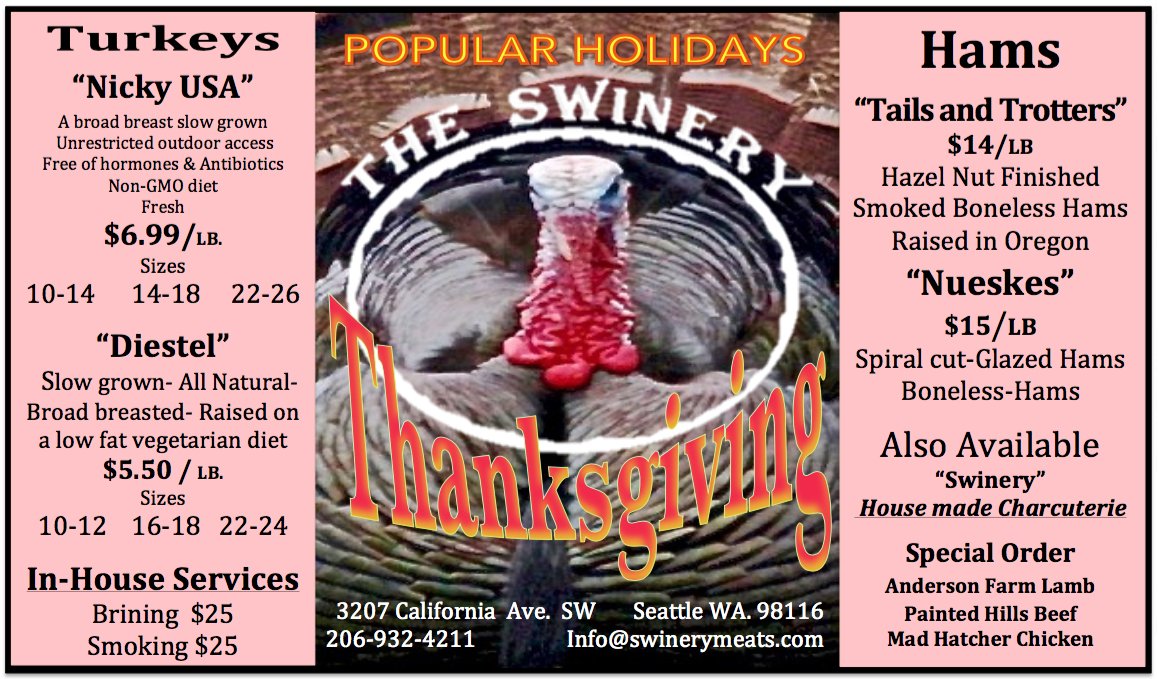 SwineryMeats's tweet photo. Thanksgiving is November 23rd. The Swinery is ready. Call the shop at 206-932-4211 https://t.co/gjnLJmrF2F