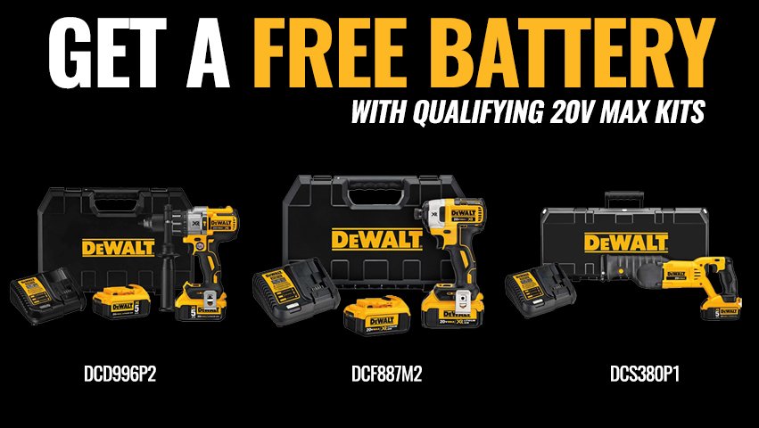 Dynamitetools's tweet photo. Get a free DCB205 battery with any qualifying 20V Max Kit, while supplies last. Shop Now: https://t.co/TCACc9N4bu #tooldeals #tools #dewalt https://t.co/Ob8rv6y2DK