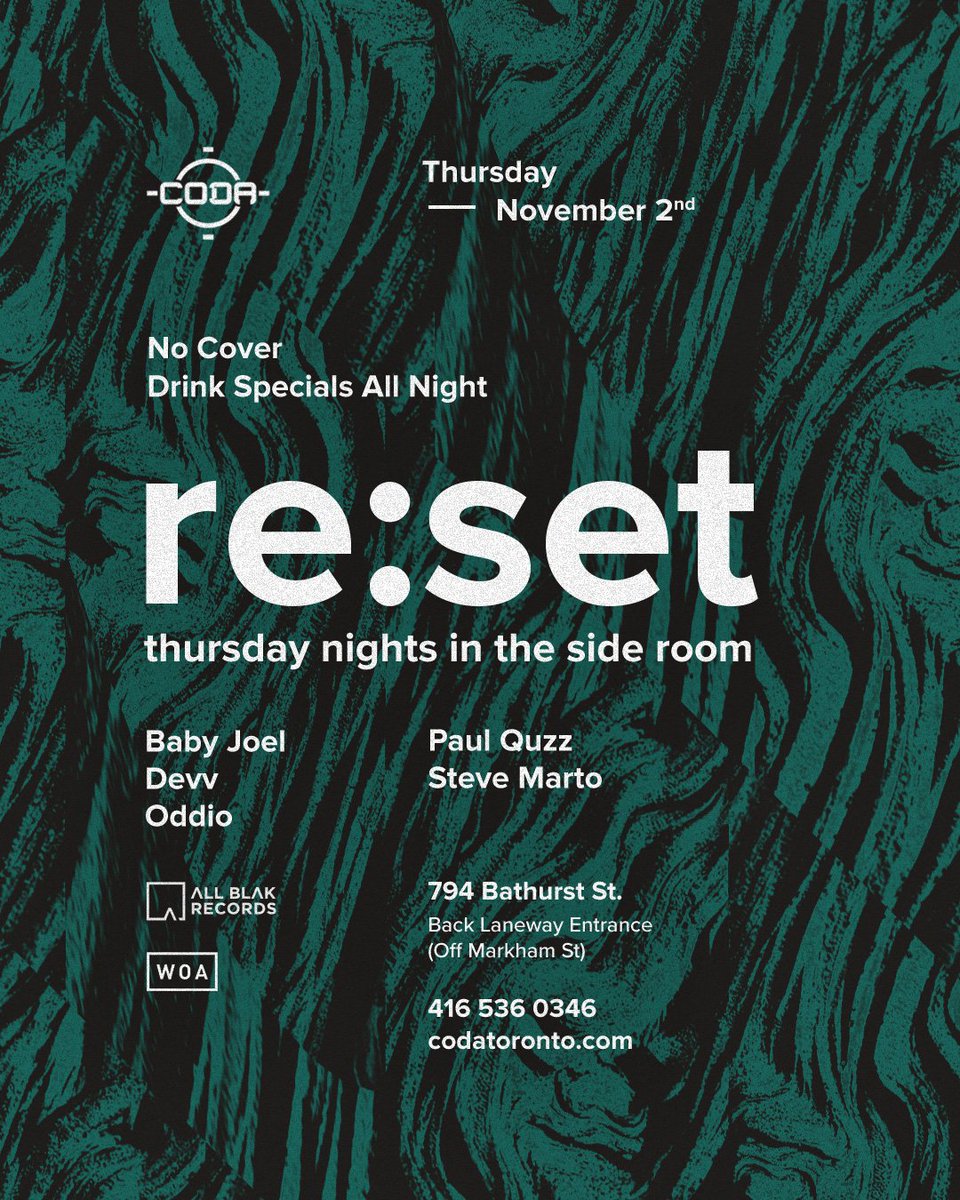 allblakrecords's tweet photo. Thursday we return to the sideroom @CodaToronto for our weekly party, re:set. This week we are excited to welcome #Toronto legend Baby Joel! https://t.co/42MYJqW4C9