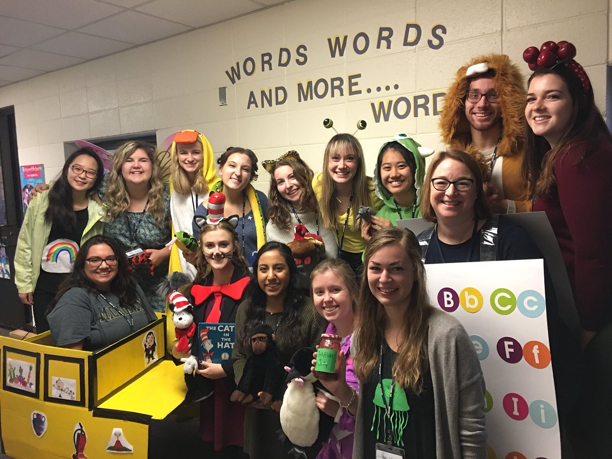 nellkduke's tweet photo. Interns in my course dressed as alphabet letters to visit kindergarten classrooms! @UMichEducation @elianmo9 https://t.co/vnQlJxova0