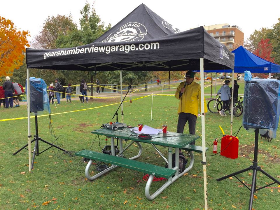 stevefleck's tweet photo. My "Office" last weekend at @CyclocrossTO #CookieCross Essentials = sound-system, great-tunes, cover 4 rain &amp; Thx @KindHumanBikes 4 #coffee https://t.co/H4G27Onsq5