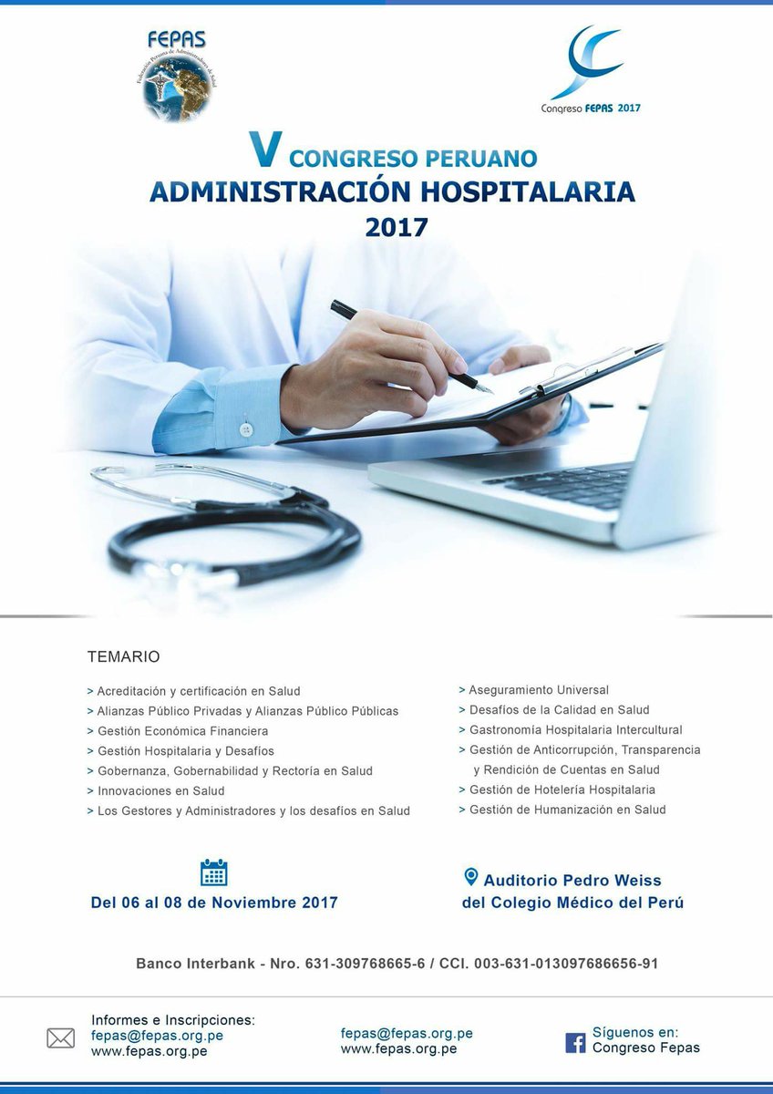 FEPAS_Salud's tweet photo. Bienvenidos a nuestro #CongresoFEPAS 2017  "V Congreso Peruano de Administración Hospitalaria" Inscripciones: https://t.co/Uxa7hbRJgh https://t.co/LbaT0xzKDV