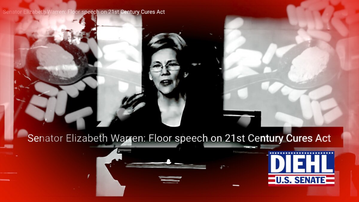 RealDiehlReport's tweet photo. When @SenWarren had the opportunity to support funding for fighting opioid addiction &amp; brain cancer research, she voted against. 2/3 #mapoli https://t.co/i4VmKr1PxG