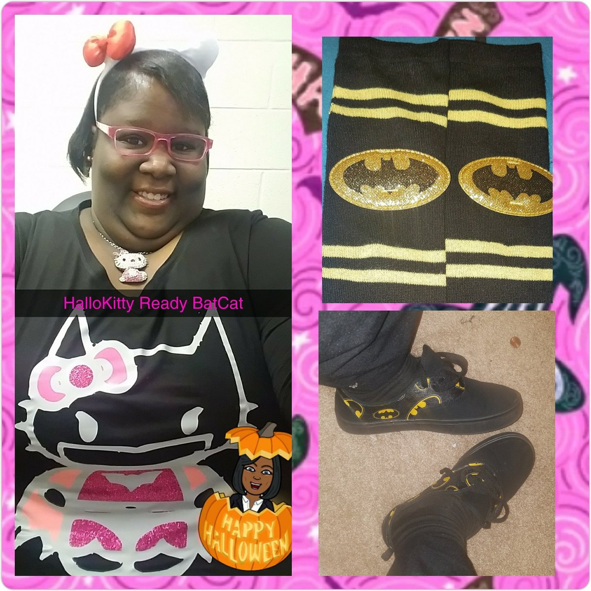CountryGuh5000's tweet photo. My attire today #Halloween 🎃🦇😸❣#BatmanSocks #CustomSneakers #CustomBatmanSneakers #HelloKittyLover #HelloBatKitty #HelloKitty shirt & shoes made by @biggboneexpressions https://t.co/6B7fIabPhH