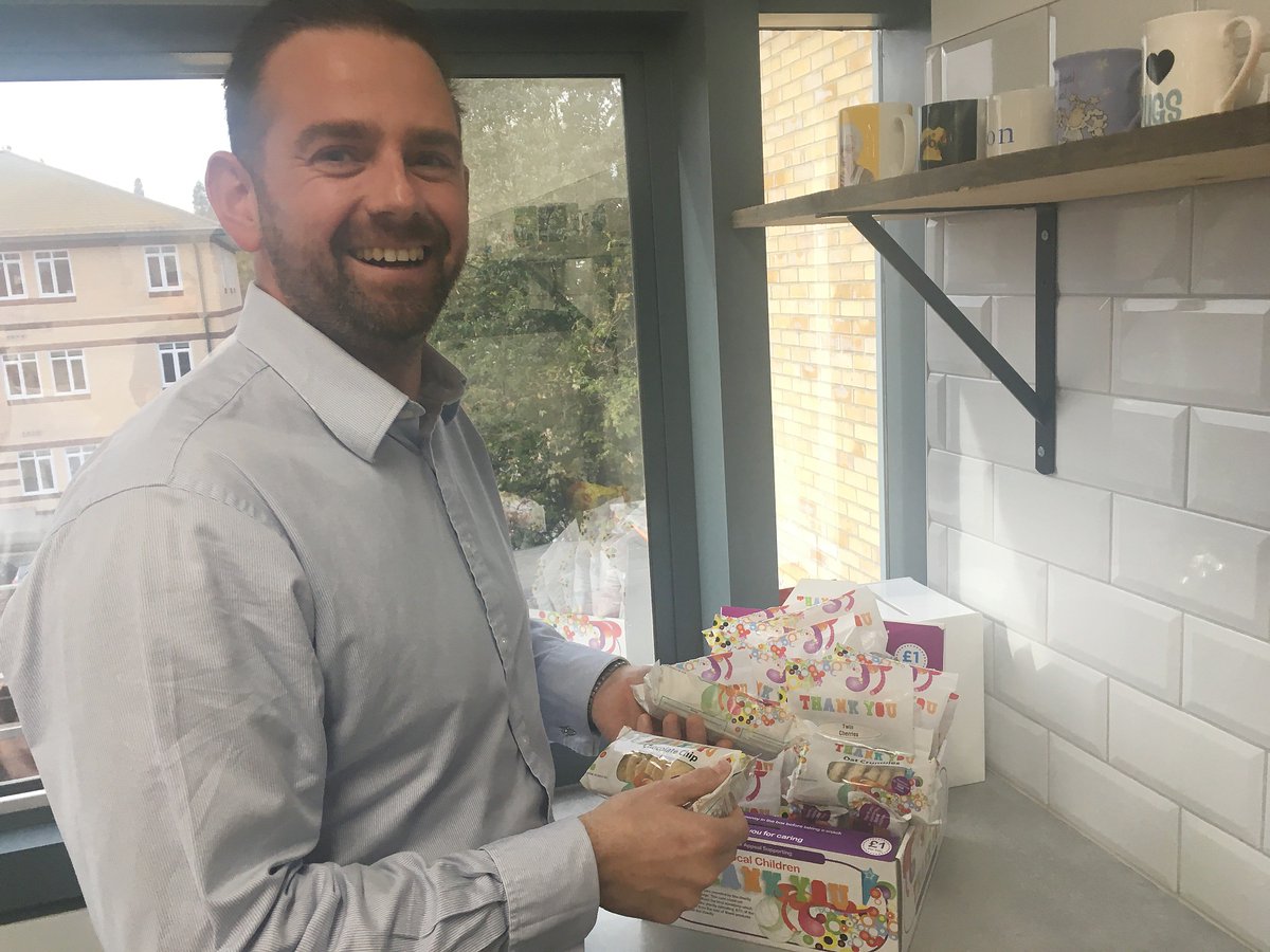 DesignMoloney's tweet photo. When the #charity box from @KeechHospice enters @novo_uk office = a very #happy Chris! :-) https://t.co/fFMGlnM26z
