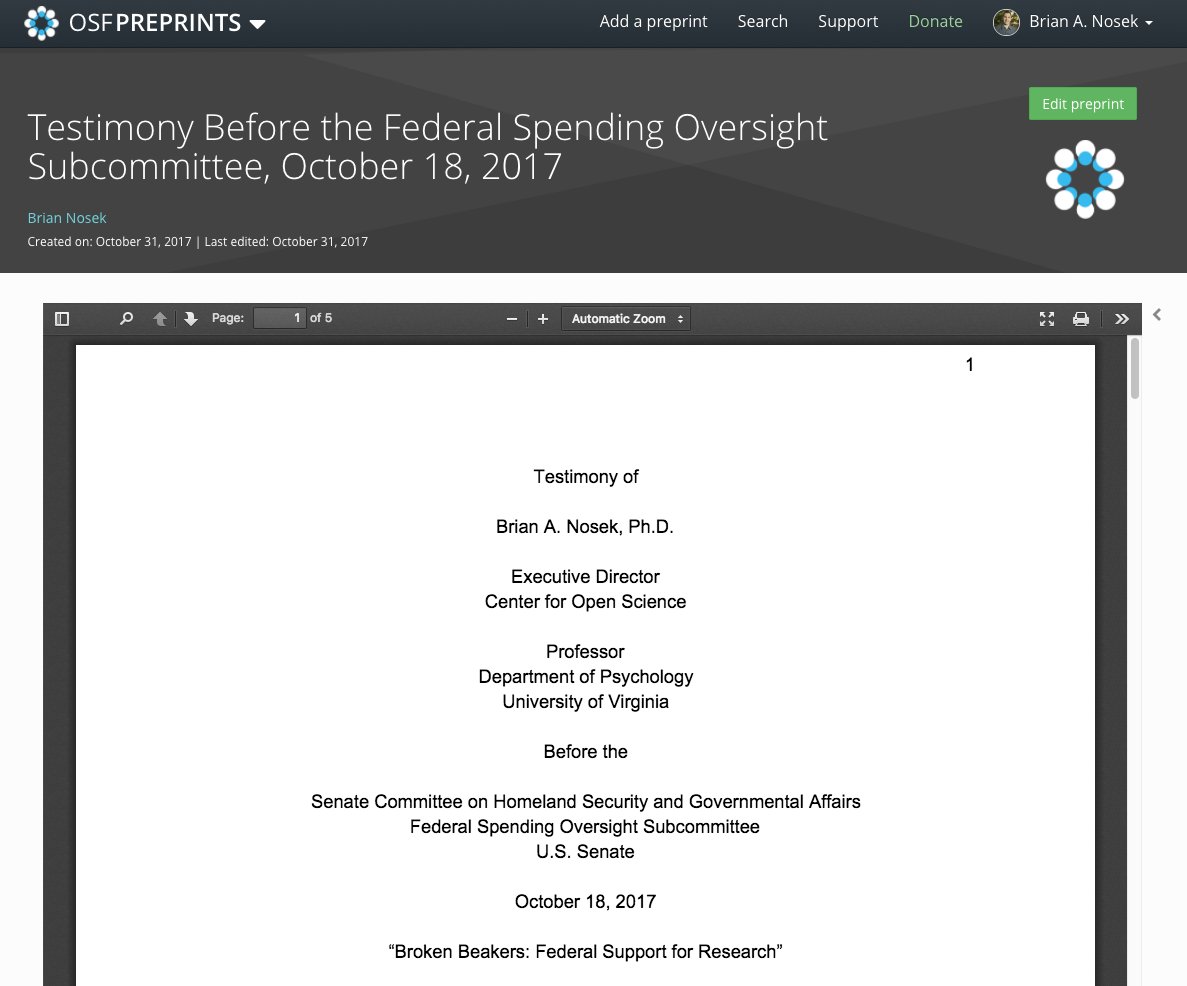 Full text of my testimony to U.S. Senate Subcommittee regarding science funding : osf.io/63np8 #openscience