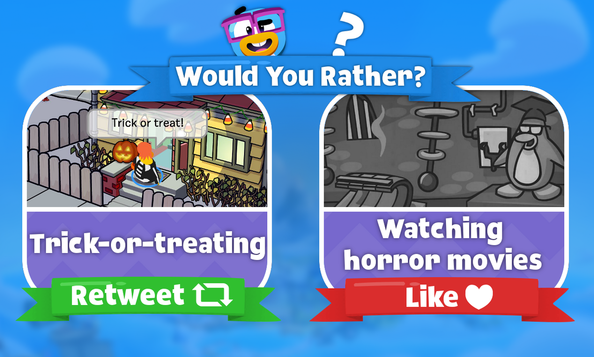 WYRCPI's tweet photo. Would You Rather? #9 🎃

Retweet for Trick-or-treating

Like for watching horror movies https://t.co/IW69bnEGDd