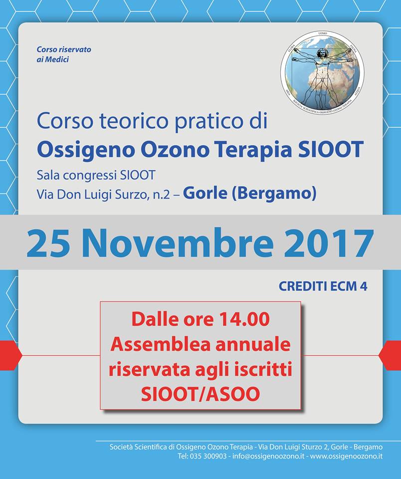 ossigenoozono's tweet photo. 25/11 si terrà un corso teorico pratico di ossigenozono terapia presso sala congressi SIOOT a Bergamo. Nel pomeriggio assemblea SIOOT/ASOO https://t.co/Gsf5ISlcgD