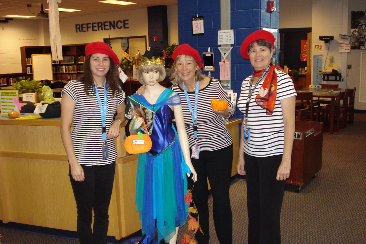 CosbyLibrary's tweet photo. Getting into the (evil) spirit at Cosby LIbrary! Looks like Mrs. Bova ate a spider! #oneccps #ccpslibraries https://t.co/RTmSohQJFY