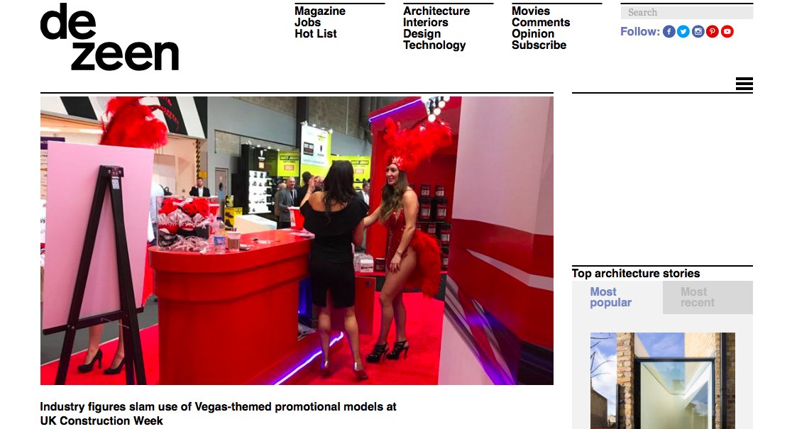 Finally some coverage of this! Industry figures slam use of Vegas-themed promotional models at UK Construction Week -dezeen.com/2017/10/30/uk-…