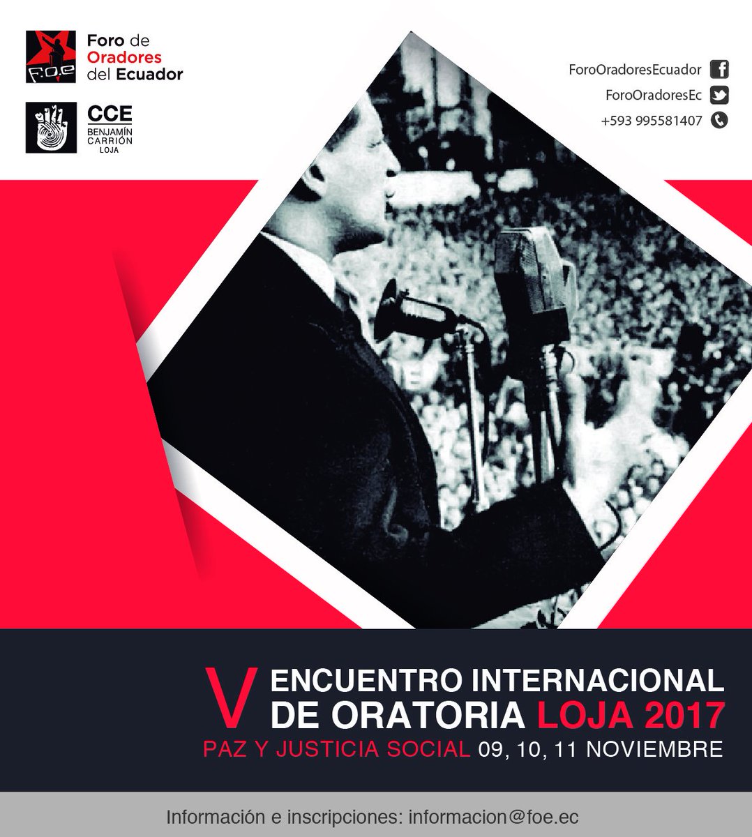 ForoOradoresEc's tweet photo. Del 9 al 11 de noviembre, Loja será sede del X Encuentro Nacional y V Encuentro Internacional de Oradores "Paz y Justicia Social" https://t.co/pu4KPswbdo