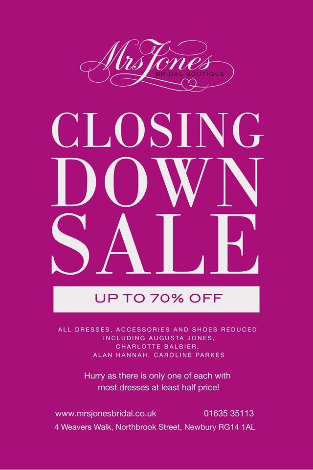 Our last day open will be Sat 11th Nov
All dresses must go so make an offer and grab a bargain! Spaces Saturday! 01635 35113
#Newbury #Berks