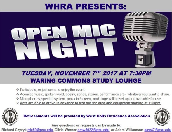 WHRA_PSU's tweet photo. WHRA Open Mic Night - details below! Hope to see you there! https://t.co/m4PX4i7kVP