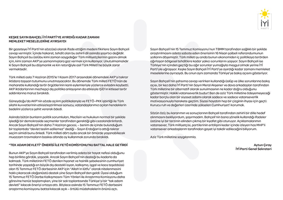 Genel Sekreterimiz <a href="/AytunCiray/">Aytun Çıray</a>: "Keşke Sayın Bahçeli İYİ Parti’ye ayırdığı kadar zamanı memleket meselelerine ayırsaydı."