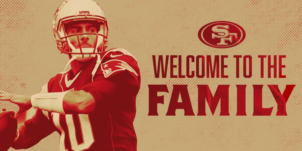 49ers's tweet photo. It's official! Welcome to the family @JimmyG_10 🙌

https://t.co/mU1mDBflhW https://t.co/CSTmPqIvWc